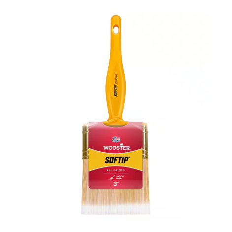 The WOOSTER Softip paintbrush with premium white nylon/gold polyester bristles and a yellow handle is perfect for precision painting. It features a 3-inch width and a red label on the ferrule, making it ideal for all paints.